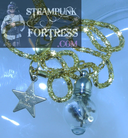 GOLD VIAL GLASS ROUND BOTTOM AUTHENTIC GENUINE WATCH CLOCK GEARS SNAKE CHAIN NECKLACE STARR WILDE STEAMPUNK FORTRESS