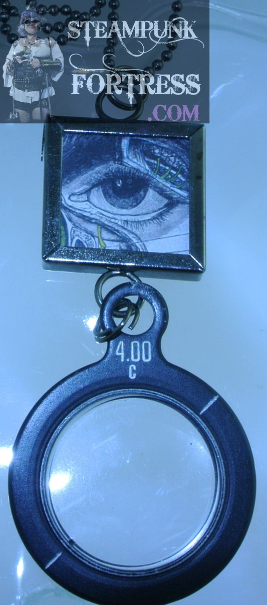 GUNMETAL EYE MONOCLE 2 SIDED OPEN EYE CLOSED EYE MONOCLE 2 SIDED NECKLACE STARR WILDE STEAMPUNK FORTRESS REVERSIBLE