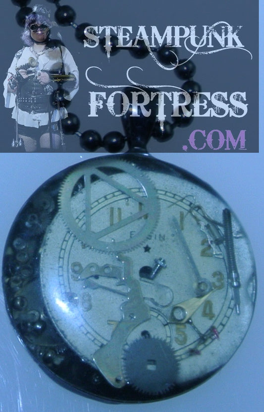 GUNMETAL BLACK ROUND 1" CLOCK FACE SILVER AUTHENTIC GENUINE WATCH CLOCK GEARS NECKLACE STARR WILDE STEAMPUNK FORTRESS