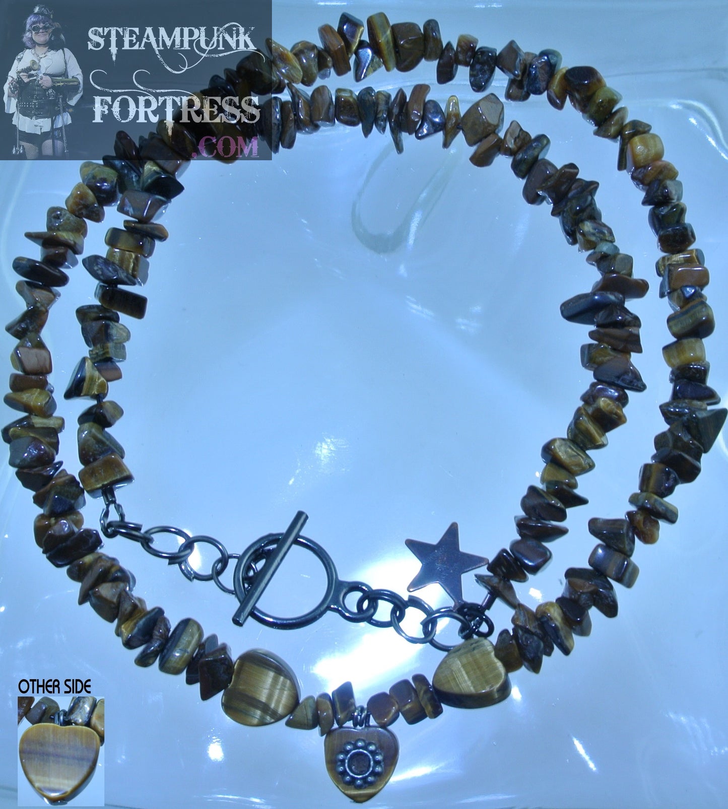 GUNMETAL TIGERS EYE GEMSTONES STONES HEARTS CHIPS GEAR NECKLACE SET AVAILABLE STARR WILDE STEAMPUNK 2 SIDED REVERSIBLE