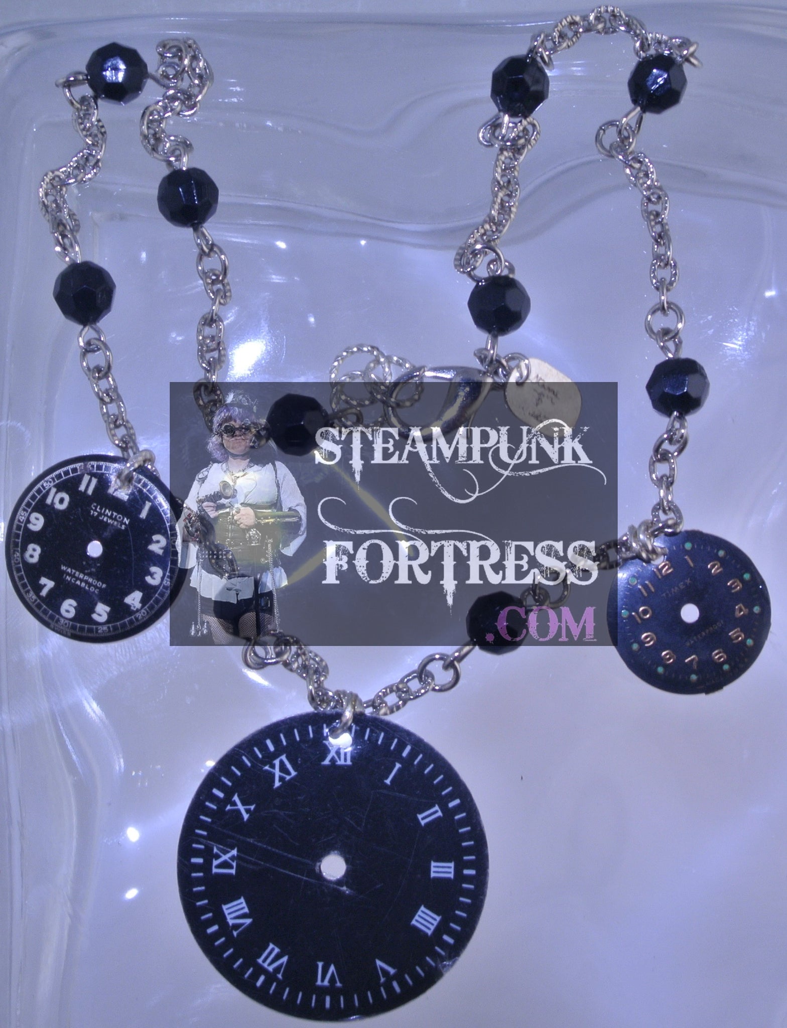 SILVER FACE 3 BLACK AUTHENTIC GENUINE WATCH CLOCK FACE DIALS BLACK CRYSTAL NECKLACE STARR WILDE STEAMPUNK FORTRESS