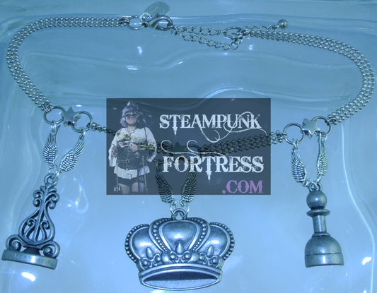 SILVER CROWN 2 CHESS PIECES BISHOP ROOK WINGS 3 STARS NECKLACE CHOKER STARR WILDE STEAMPUNK FORTRESS