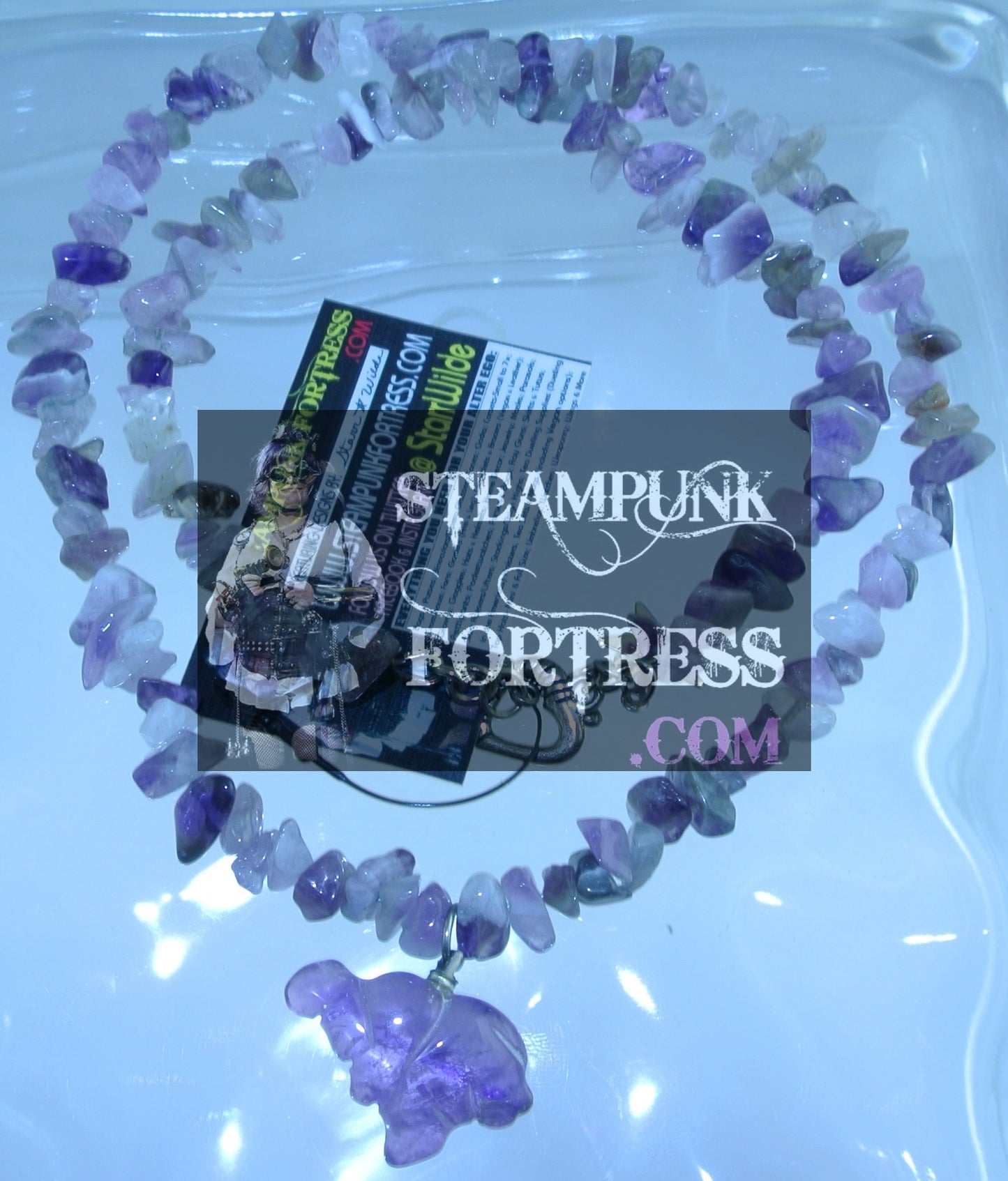 SILVER ELEPHANT AMETHYST GEMSTONES STONES CHIPS NECKLACE SET AVAILABLE 2 SIDED REVERSIBLE STARR WILDE STEAMPUNK FORTRESS