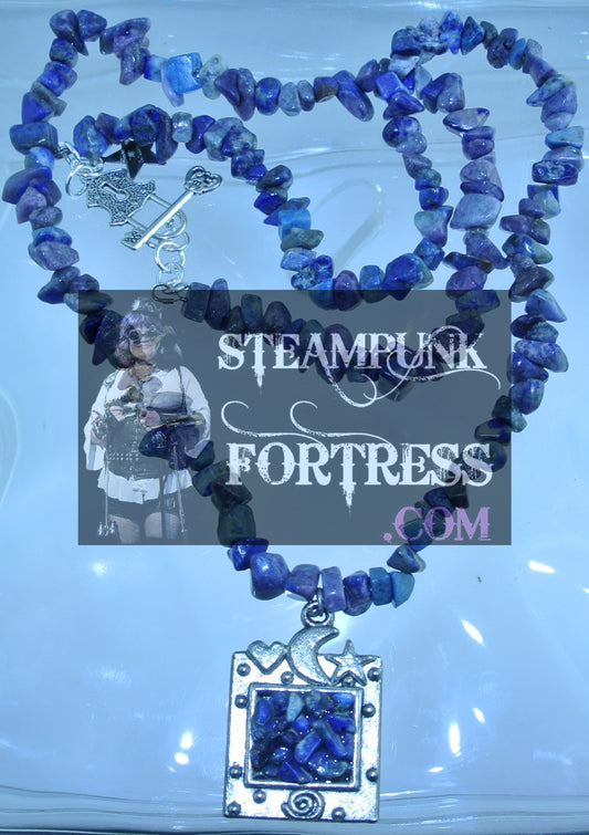 SILVER LAPIS LAZULI GEMSTONES STONES CHIPS IN MOON STAR BEZEL NECKLACE SET AVAILABLE STARR WILDE STEAMPUNK FORTRESS