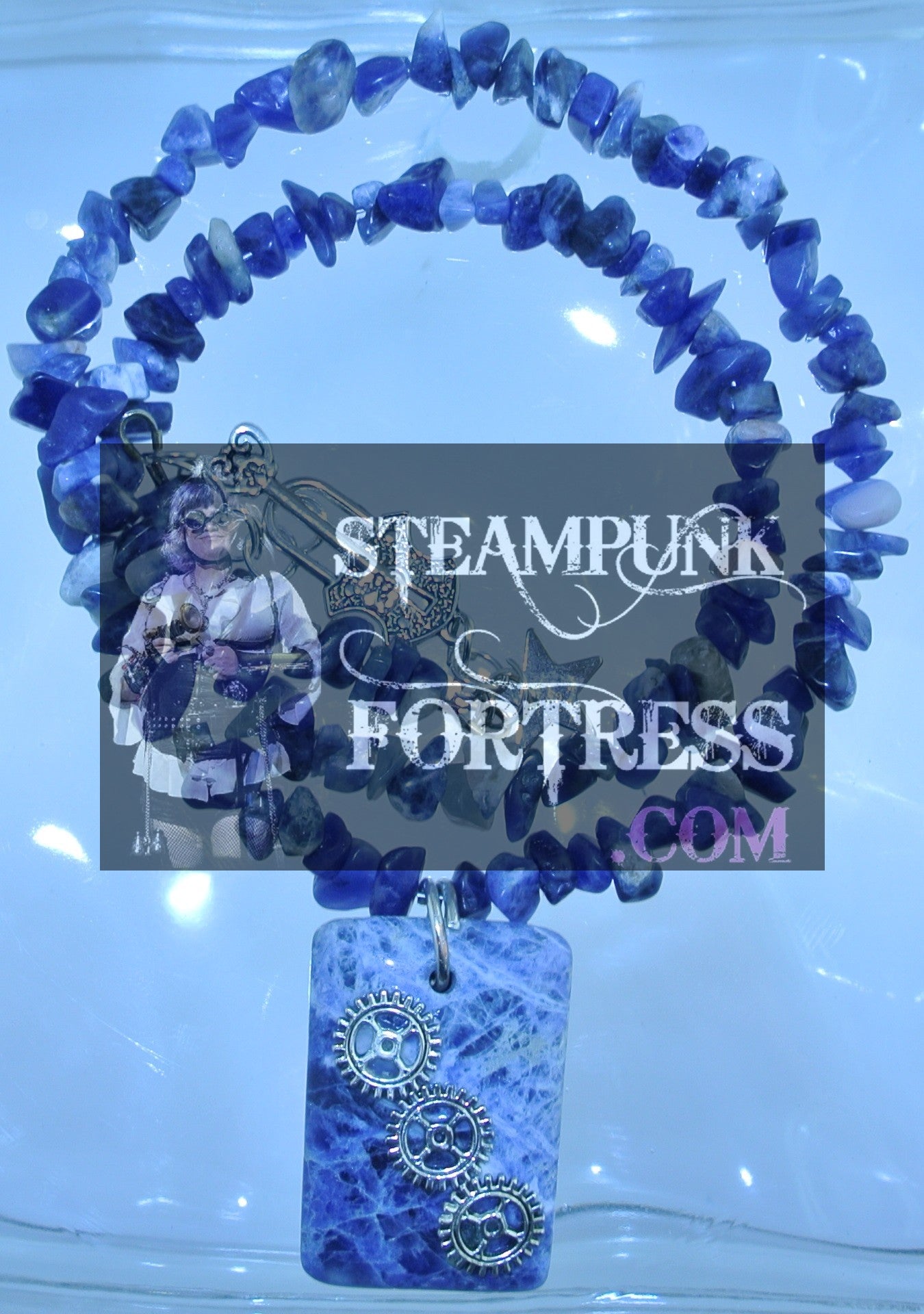 SILVER SODALITE RECTANGLE GEMSTONES STONES FOCAL 3 SILVER 4 ARM GEARS CHIPS NECKLACE SET AVAILABLE 2 SIDED REVERSIBLE STARR WILDE STEAMPUNK FORTRESS