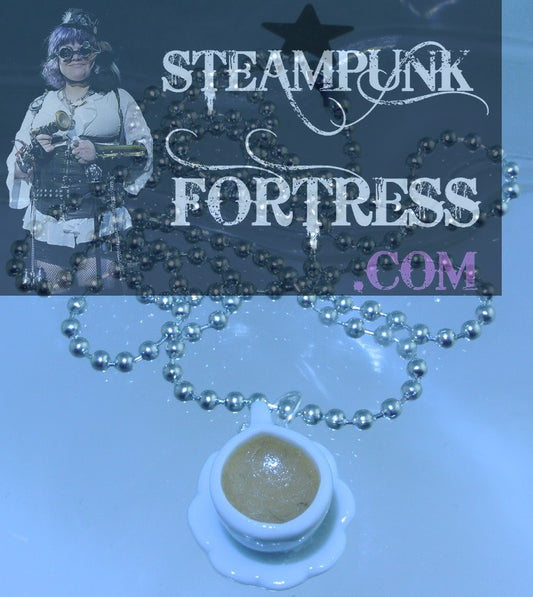 SILVER CUP COFFEE SAUCER NO SPOON LARGE PORCELAIN NECKLACE SET AVAILABLE STARR WILDE STEAMPUNK FORTRESS
