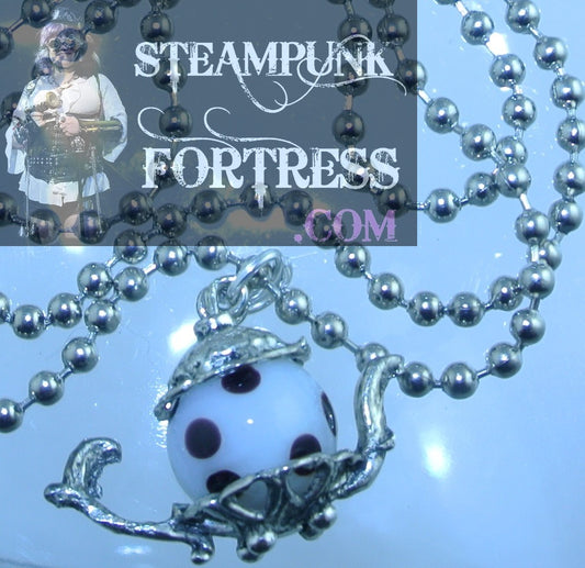 SILVER TEAPOT TEA DUELLING RACES FANCY WHITE BLACK DOTTY BELLY ALICE IN WONDERLAND NECKLACE STARR WILDE STEAMPUNK FORTRESS