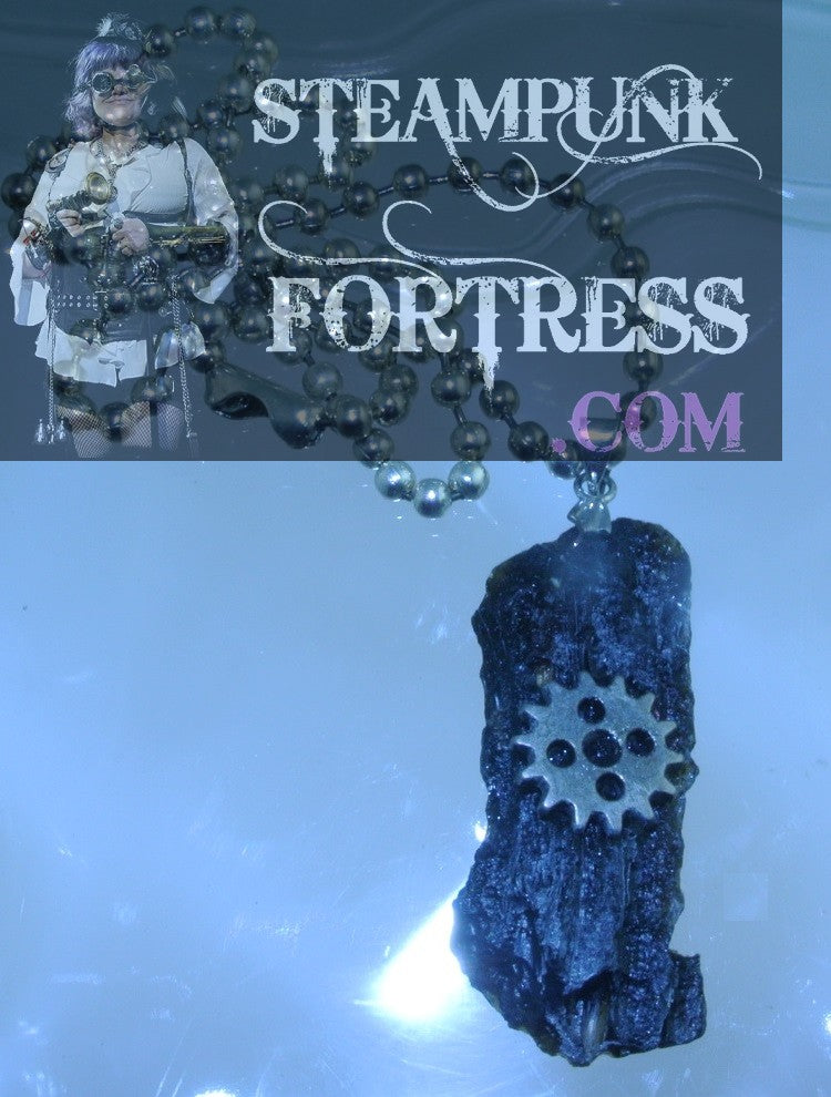 SILVER TEKTITE METEORITE FOCAL #3 SILVER TH 5 HOLE GEAR BALL CHAIN NECKLACE 2 SIDED REVERSIBLE STARR WILDE STEAMPUNK FORTRESS