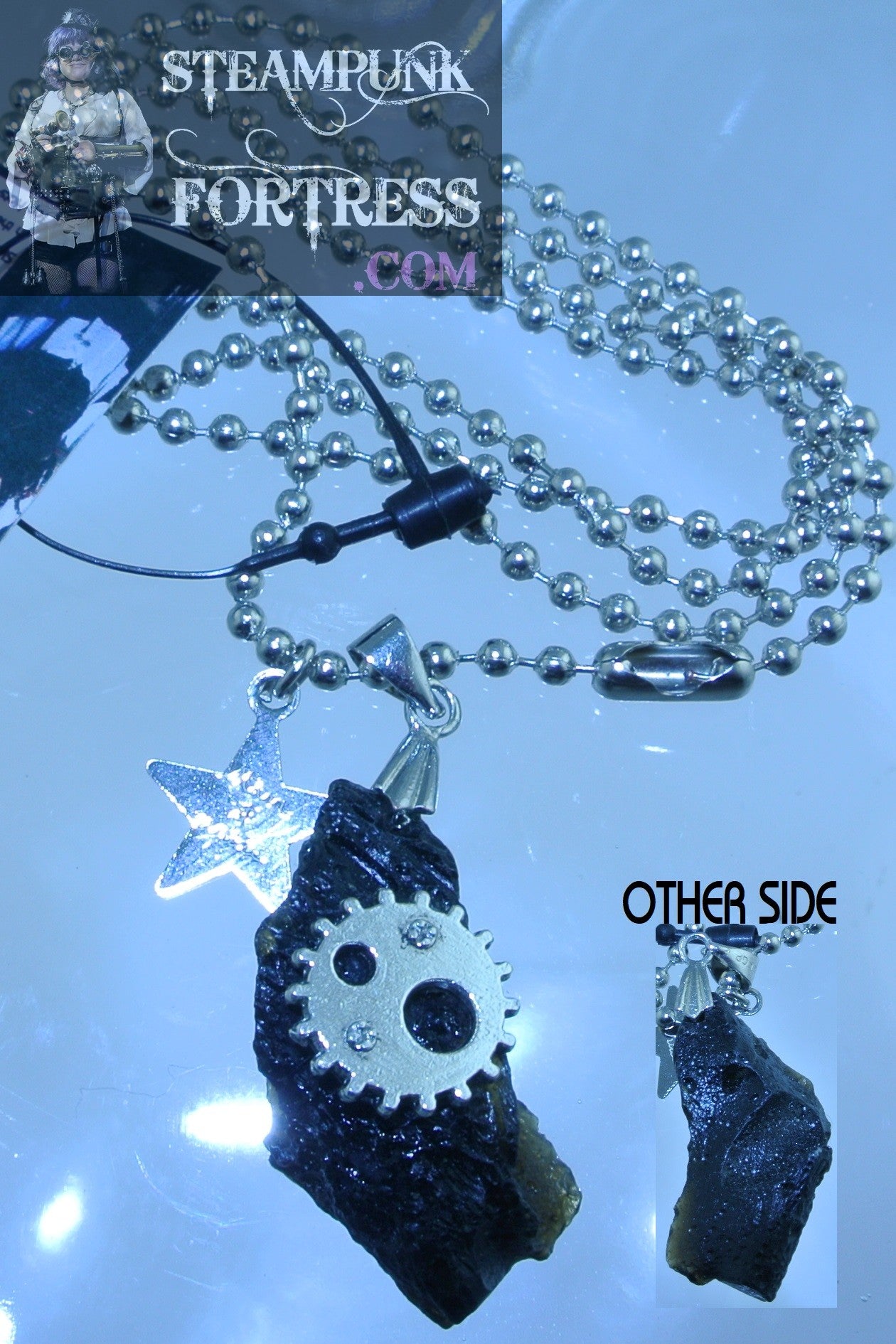 SILVER TEKTITE METEORITE FOCAL #13 2 HOLE GEAR GEMSTONE NECKLACE 2 SIDED REVERSIBLE STARR WILDE STEAMPUNK FORTRESS