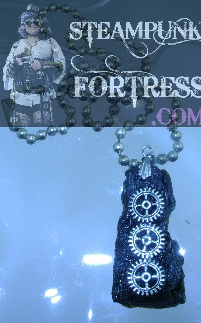 SILVER TEKTITE METEORITE FOCAL #4 3 SILVER GEARS BALL CHAIN NECKLACE 2 SIDED REVERSIBLE STARR WILDE STEAMPUNK FORTRESS