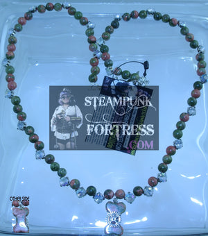 SILVER UNAKITE DOG BONE GEMSTONES STONES ROUNDS RHINESTONES SILVER GEAR NECKLACE SET AVAILABLE 2 SIDED REVERSIBLE STARR WILDE STEAMPUNK FORTRESS