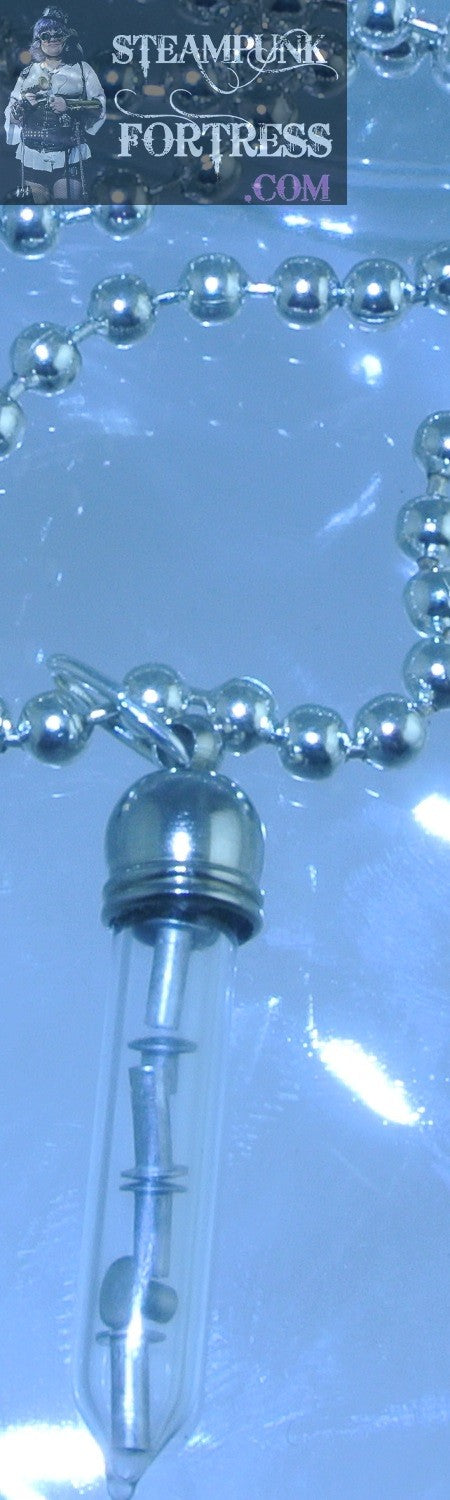 SILVER VIAL TEST TUBE POINTED RIVETS BALL CHAIN NECKLACE STARR WILDE STEAMPUNK FORTRESS