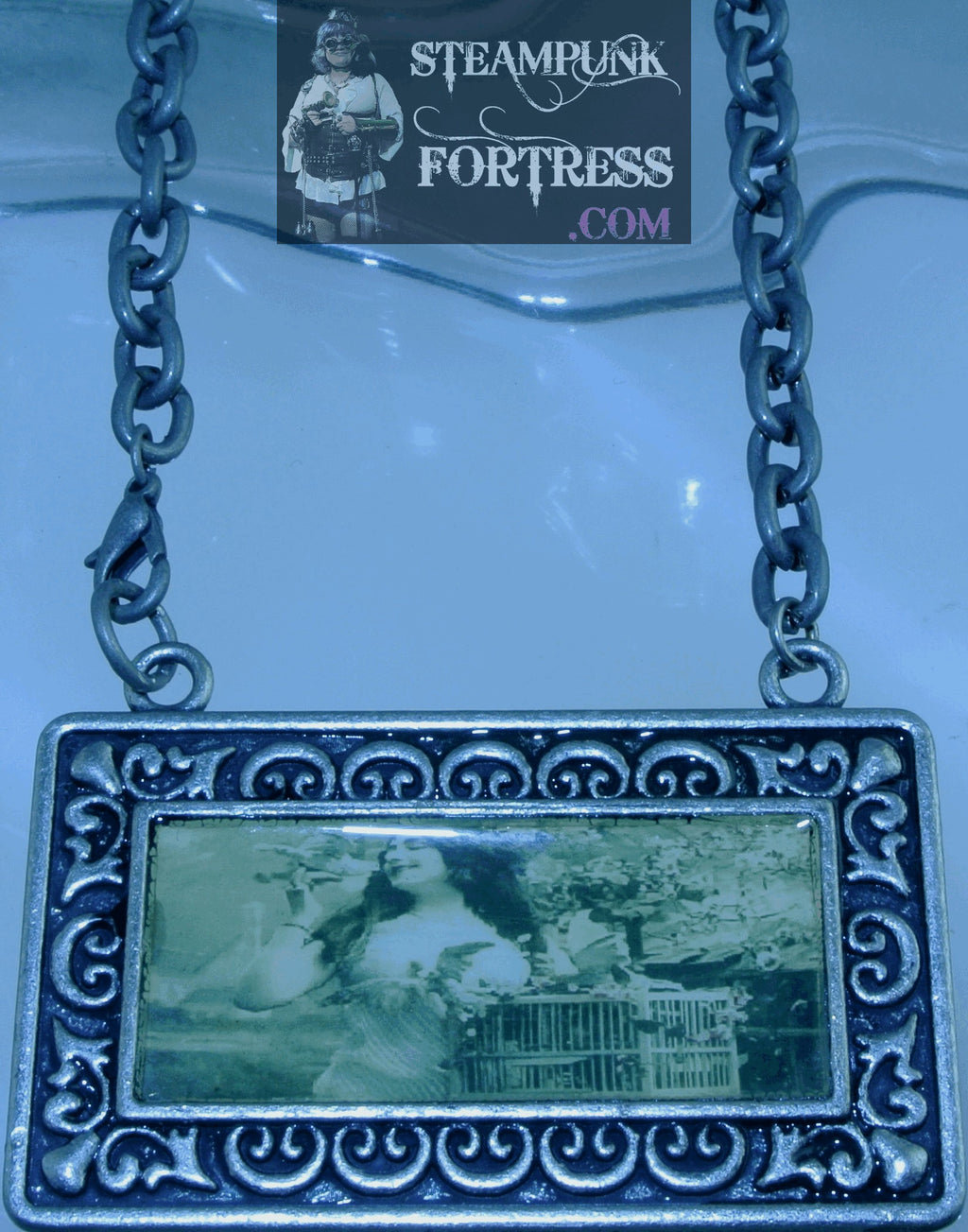 SILVER VINTAGE LADIES BIRDCAGE LADY BIRDS RECTANGLE NECKLACE SET AVAILABLE STARR WILDE STEAMPUNK FORTRESS