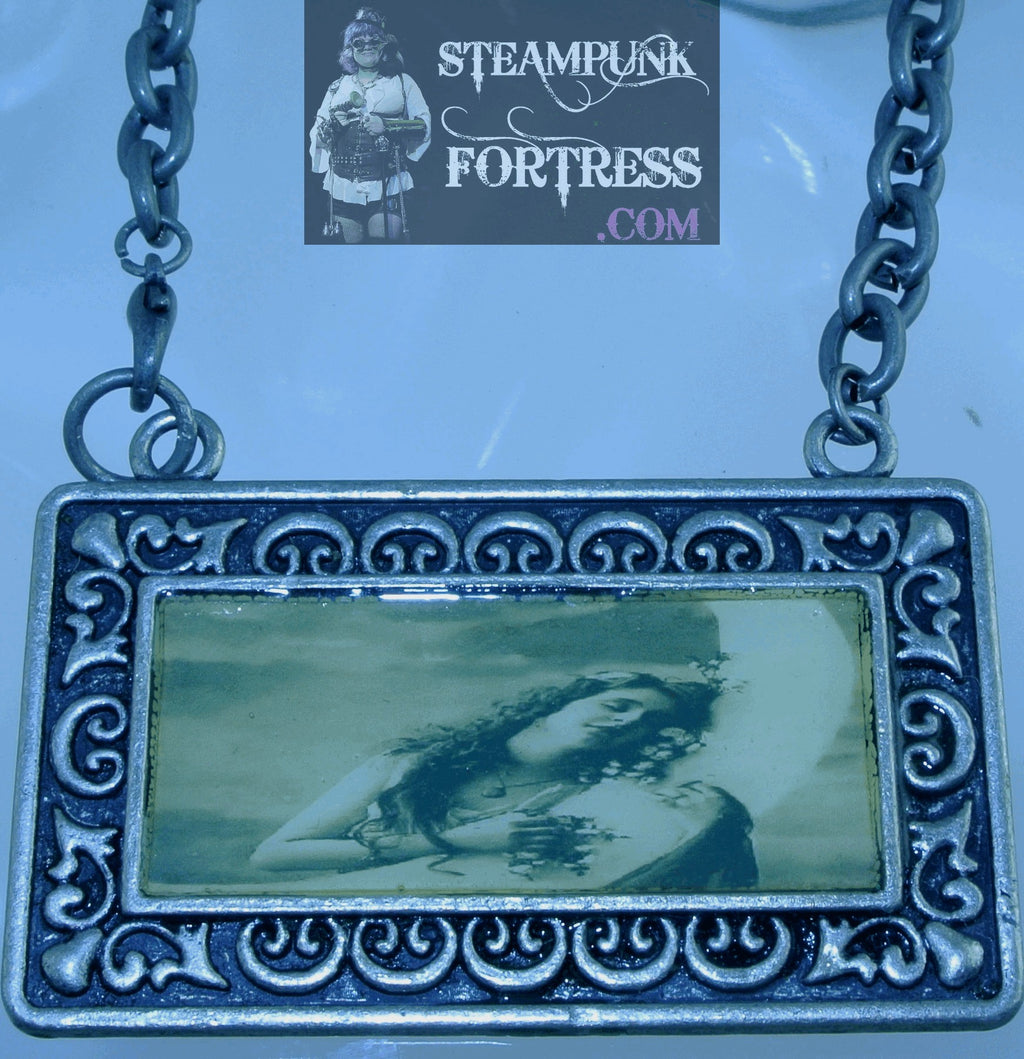 SILVER VINTAGE LADIES LADY HUGGING MOON SEPIA RECTANGLE GUNMETAL NECKLACE SET AVAILABLE STARR WILDE STEAMPUNK FORTRESS