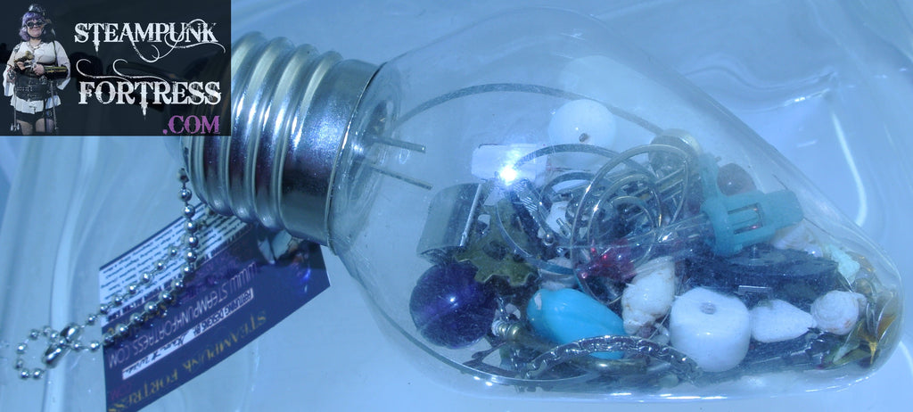ORNAMENT LIGHTBULB LIGHT BULB #21 WHITE BLUE PURPLE RED BEADS GOLD HALF MOON GLITTER SILVER WATCH CLOCK BANDS SPRINGS SEASHELL CHAINS CHRISTMAS ORNAMENT STARR WILDE STEAMPUNK FORTRESS