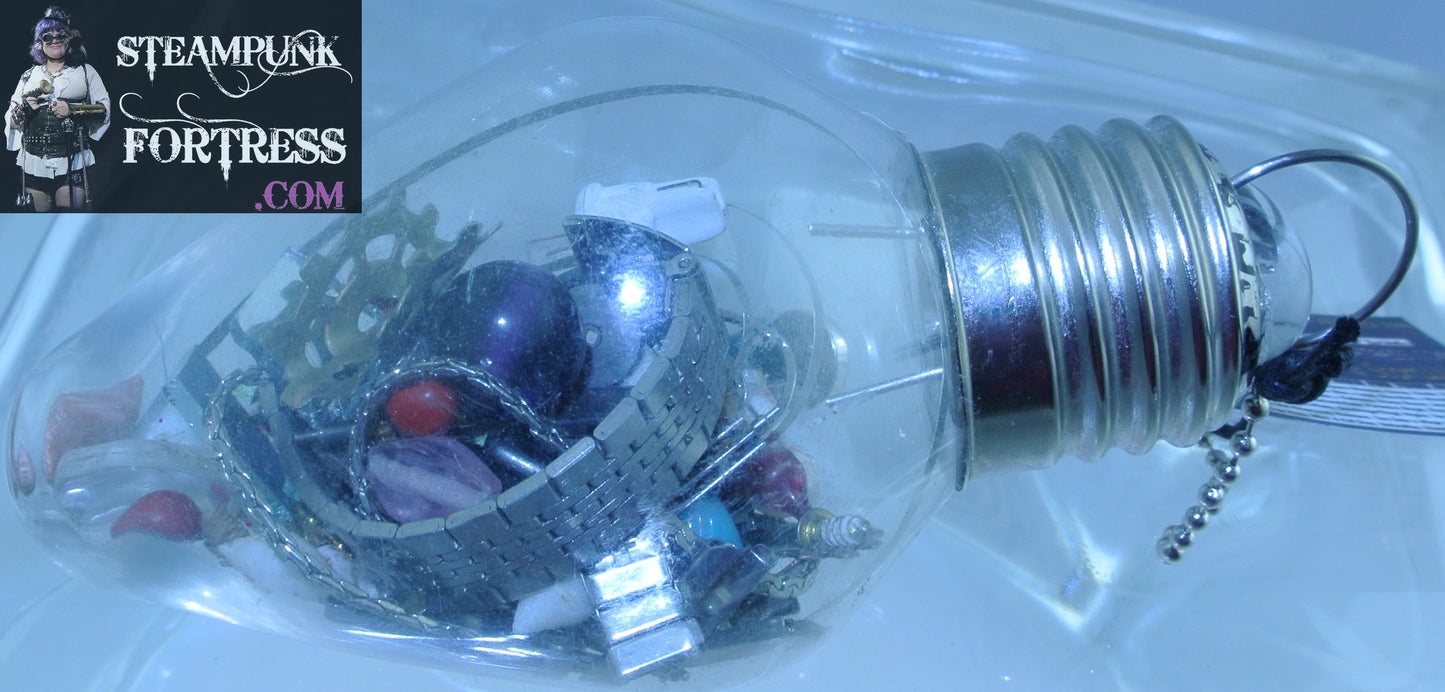 CHRISTMAS ORNAMENT LIGHTBULB LIGHT BULB #21 WHITE BLUE PURPLE RED BEADS GOLD HALF MOON GLITTER SILVER WATCH CLOCK BANDS SPRINGS SEASHELL CHAINS STARR WILDE STEAMPUNK FORTRESS