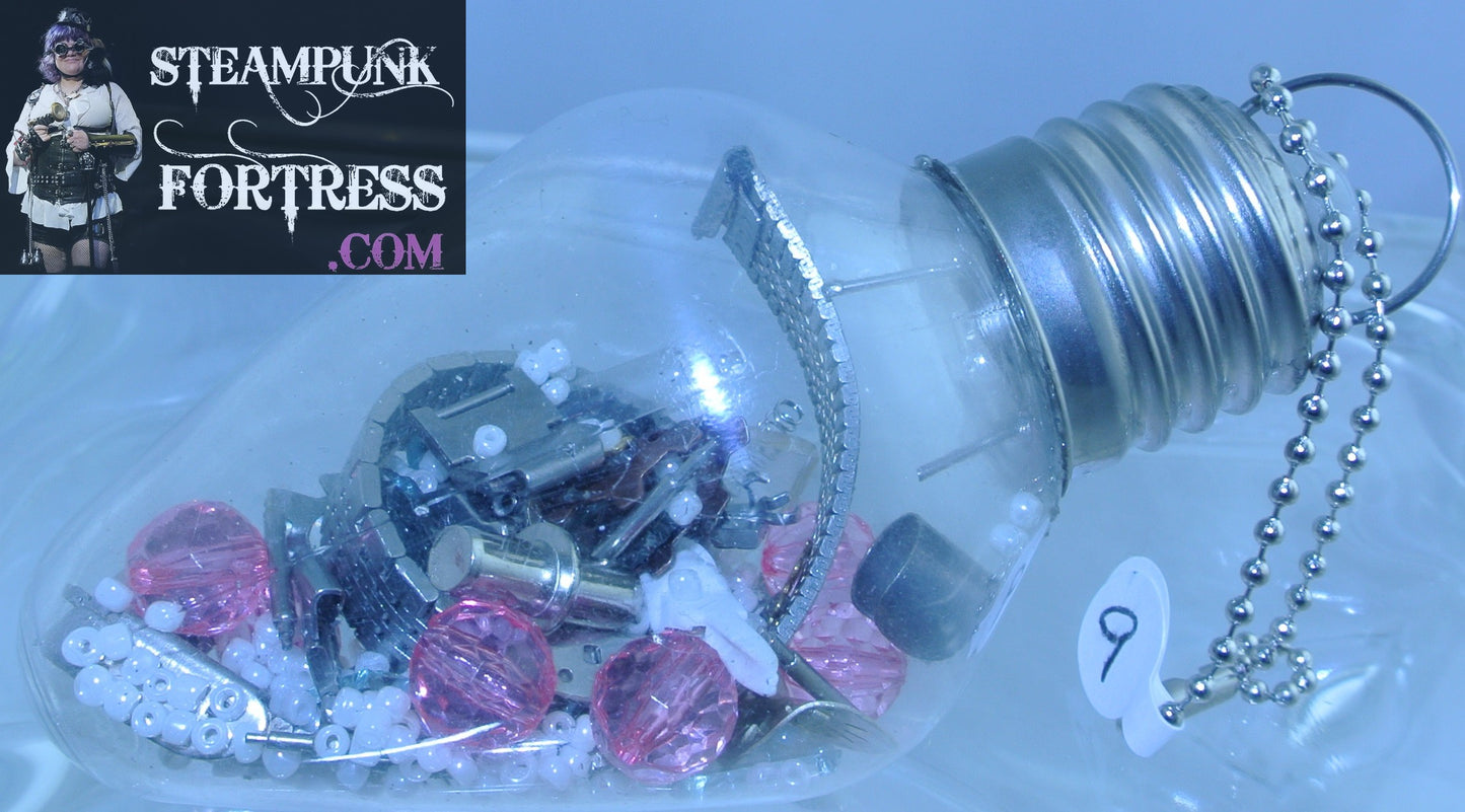 CHRISTMAS ORNAMENT LIGHTBULB LIGHT BULB #9 SILVER AUTHENTIC GENUINE WATCH CLOCK BANDS PARTS WHITE BEADS PINK CRYSTALS LIGHTBULBS WHITE SEED PEARLS STARR WILDE STEAMPUNK FORTRESS