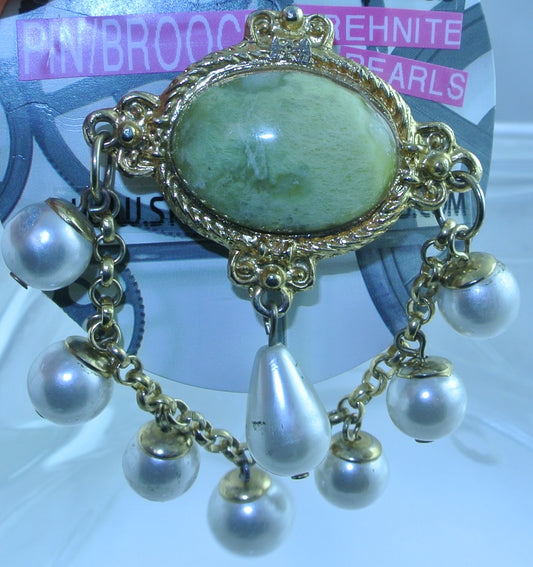 GOLD PREHNITE GEMSTONE LIGHT GREEN GOLD PEARLS PIN BROOCH STARR WILDE STEAMPUNK FORTRESS