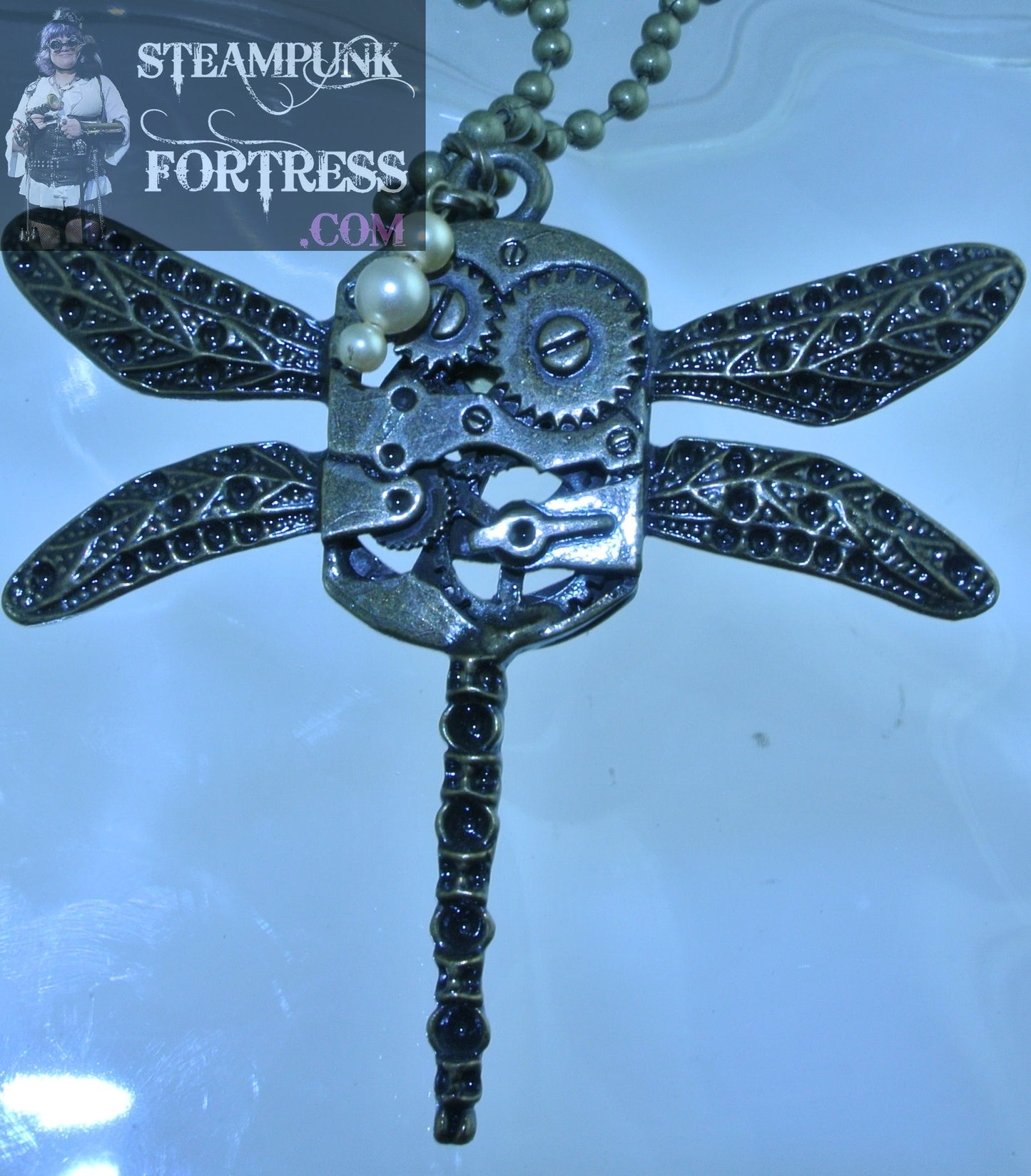 PIN BROOCH BRASS DRAGONFLY BRASS GEARS 1 3 PEARLS DROP GEMSTONES STONES MULTI USE VERSATILE NECKLACE STARR WILDE STEAMPUNK