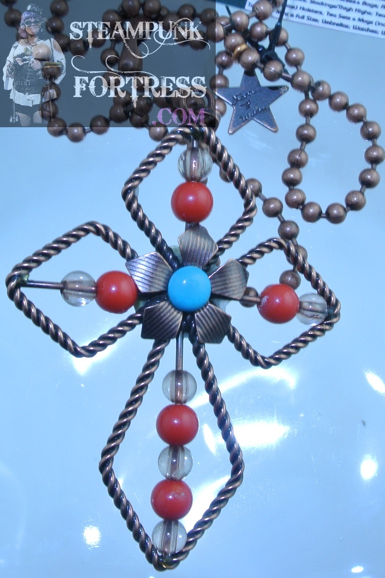 PIN BROOCH COPPER CROSS TWISTED FLOWER CENTER RED BEADS NECKLACE VERSATILE MULTI USE STARR WILDE STEAMPUNK FORTRESS