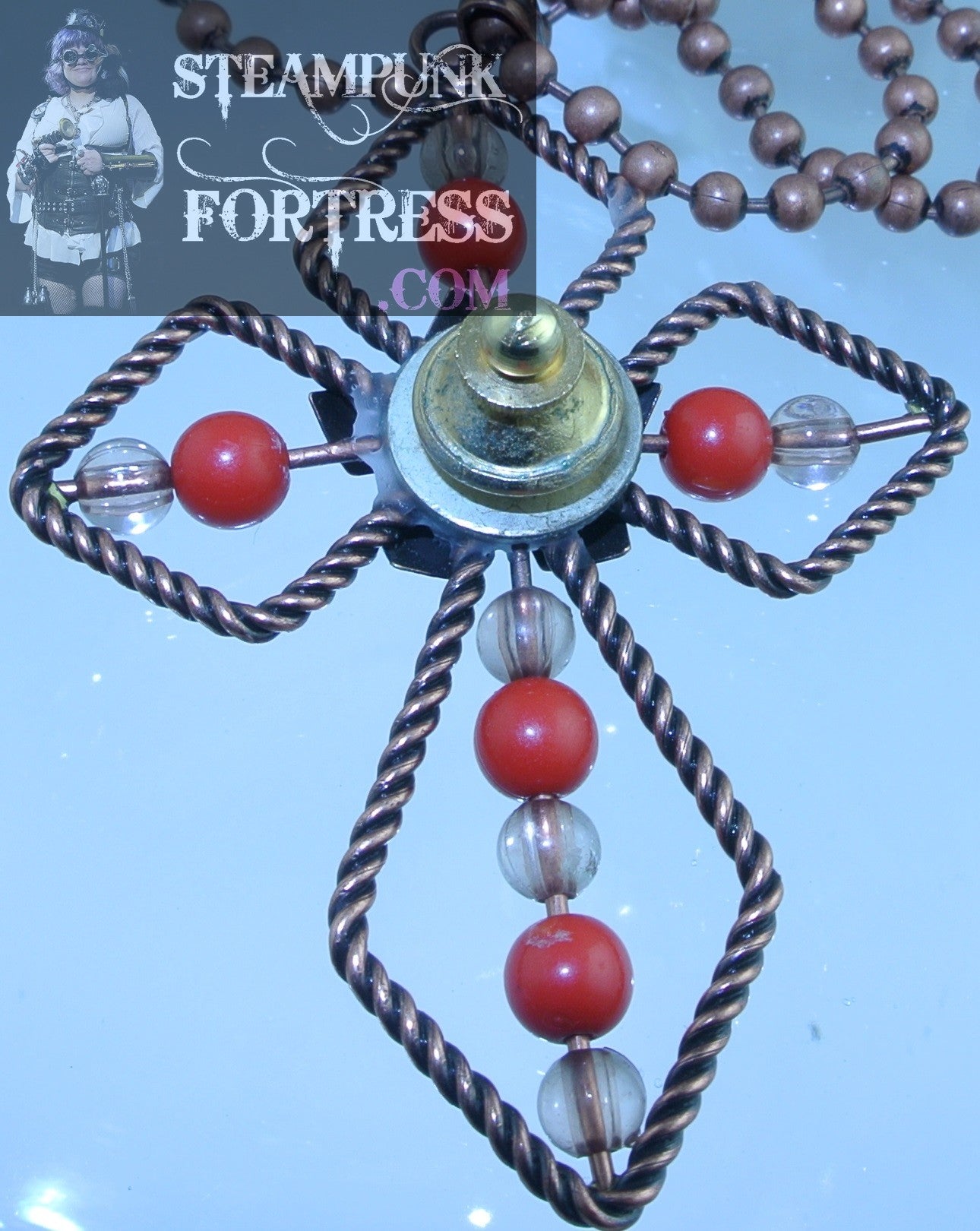 PIN BROOCH COPPER CROSS TWISTED FLOWER CENTER RED BEADS NECKLACE VERSATILE MULTI USE STARR WILDE STEAMPUNK FORTRESS