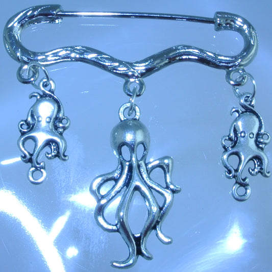 SILVER KILT OCTOPUS SKINNY 2 TINY OCTOPUS LINKS PIN BROOCH STARR WILDE STEAMPUNK FORTRESS UNDER THE SEA HALLOWEEN ARIEL AQUAMAN URSULA