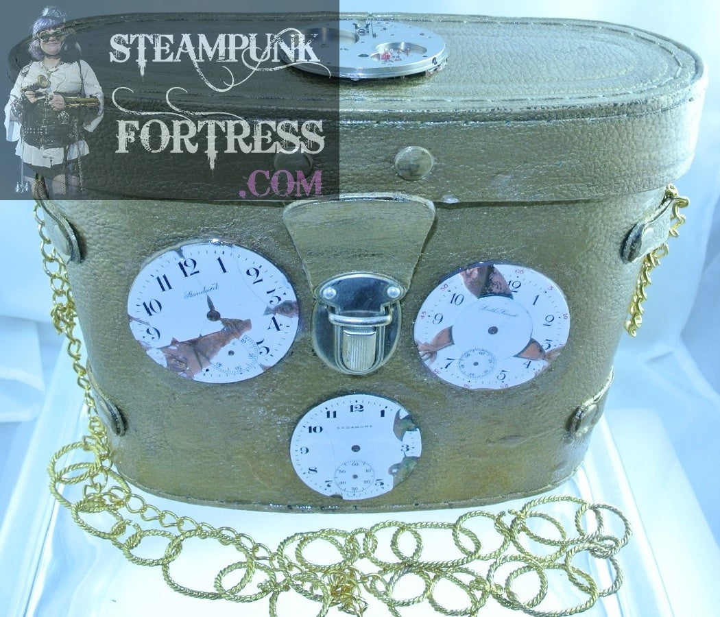 GOLD 3 PORCELAIN DIALS FRONT SILVER MOVEMENT WATCH CLOCK FACES TOP CHAIN PURSE STARR WILDE STEAMPUNK FORTRESS