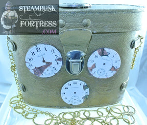 GOLD 3 PORCELAIN DIALS FRONT SILVER MOVEMENT WATCH CLOCK FACES TOP CHAIN PURSE STARR WILDE STEAMPUNK FORTRESS