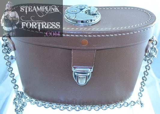 BROWN FAUX LEATHER COMPLETE MOVEMENT WATCH CLOCK TOP SILVER HEAVY CHAIN PURSE STARR WILDE STEAMPUNK FORTRESS