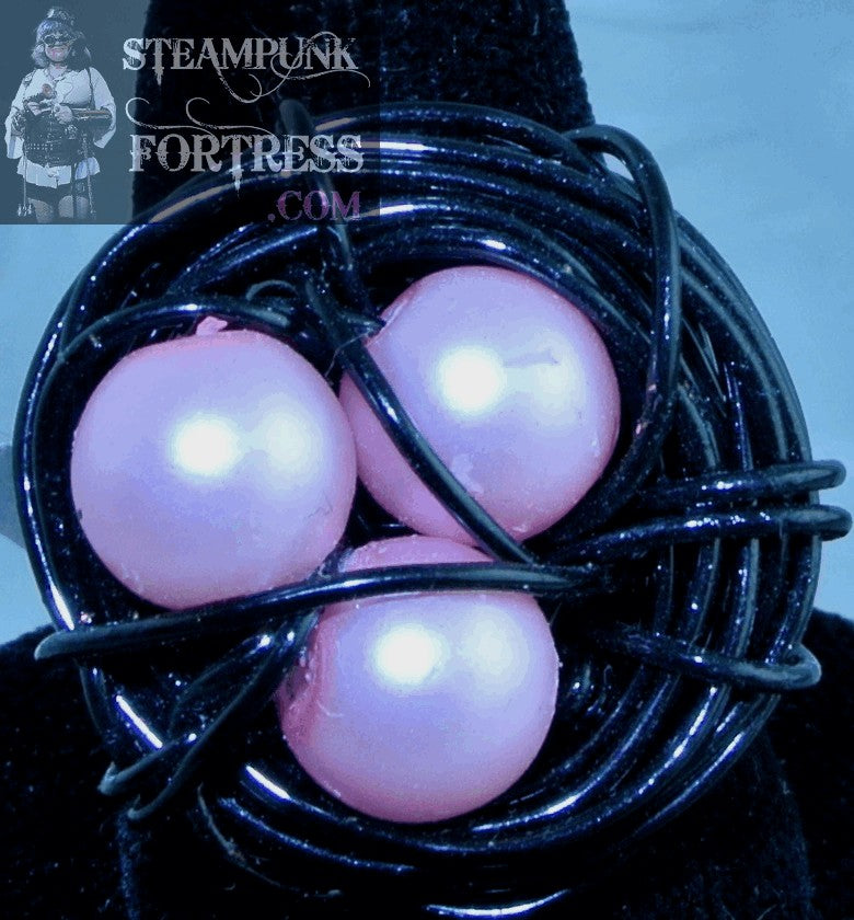 BLACK BIRDS NEST 3 PINK PEARLS RING SIZE 8 BUT CAN BE CUSTOM MADE FOR YOU STARR WILDE STEAMPUNK FORTRESS