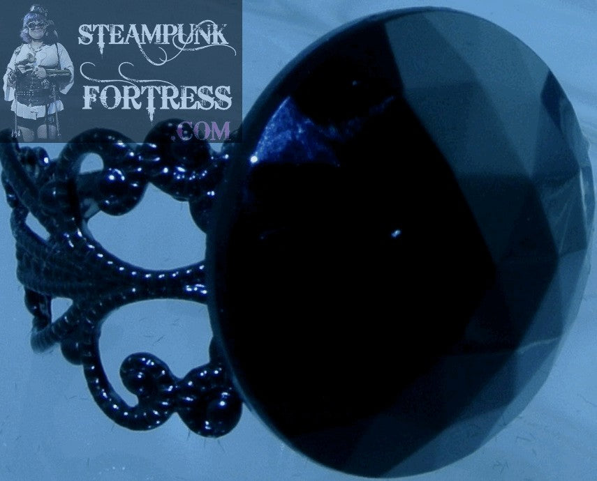BLACK FACETED GLASS ROUND BUTTON ON BLACK FILIGREE ADJUSTABLE RING STARR WILDE STEAMPUNK FORTRESS