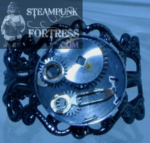 BLACK FILIGREE SILVER RUSTED GEARS HANDS AUTHENTIC GENUINE WATCH CLOCK BASE ADJUSTABLE RING STARR WILDE STEAMPUNK FORTRESS