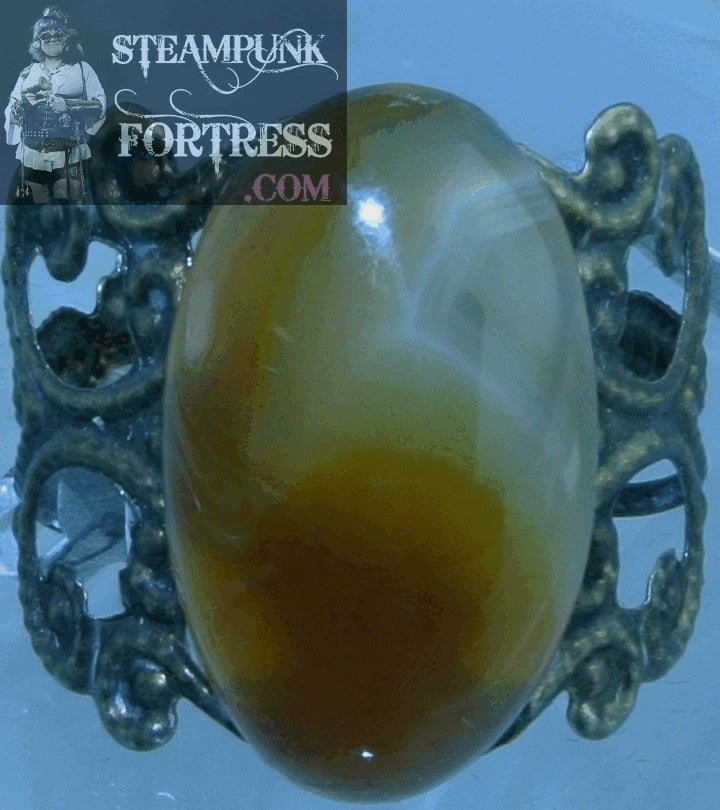 BRASS AGATE APRICOT GEMSTONES STONE BRASS FILIGREE OVAL ADJUSTABLE RING STARR WILDE STEAMPUNK FORTRESS