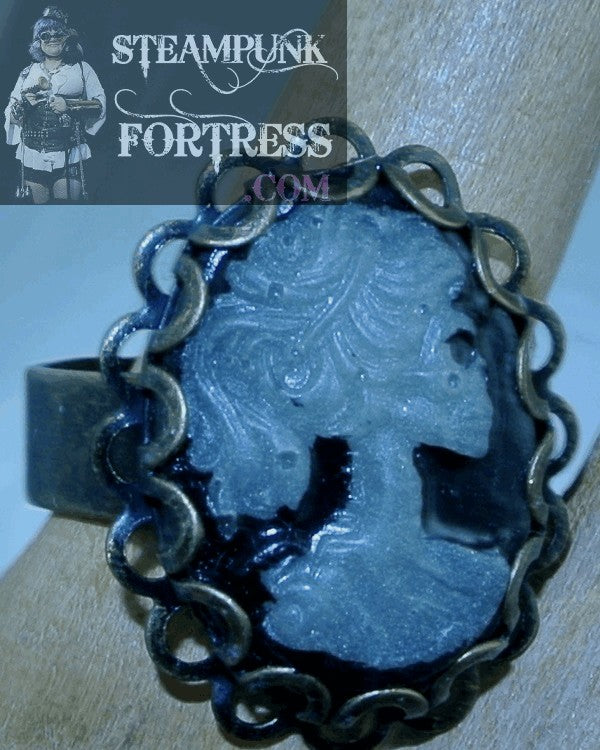 GLOW IN THE DARK BRASS CAMEO LADY SKELETON LOOKING LEFT LACE EDGE ADJUSTABLE RING HALLOWEEN VICTORIAN STARR WILDE STEAMPUNK FORTRESS