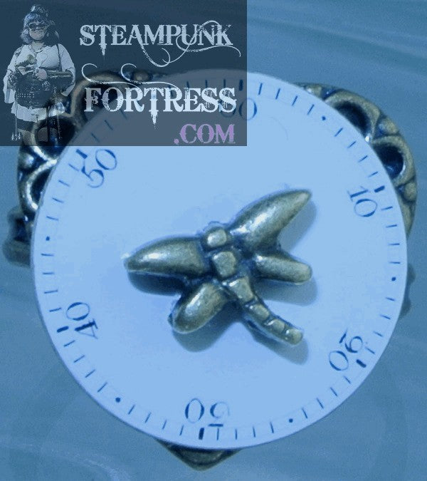 BRASS PORCELAIN CLOCK WATCH FACE DIAL AUTHENTIC GENUINE PARTS BRASS DRAGONFLY FILIGREE HEART ADJUSTABLE RING STARR WILDE STEAMPUNK FORTRESS