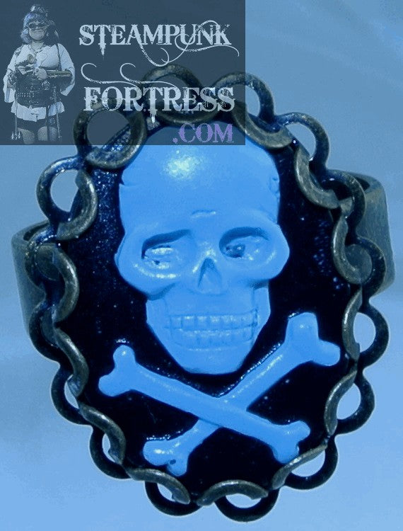 BRASS SKULL CROSSBONES BLUE LACE EDGE PIRATE HALLOWEEN ADJUSTABLE RING STARR WILDE STEAMPUNK FORTRESS