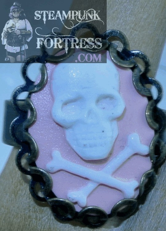 BRASS SKULL CROSSBONES WHITE ON PINK LACE EDGE PIRATE HALLOWEEN ADJUSTABLE RING STARR WILDE STEAMPUNK FORTRESS