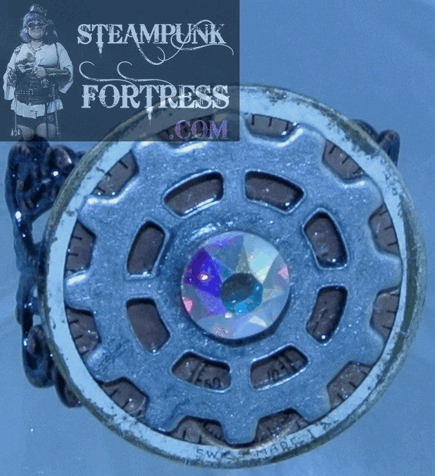COPPER FACE DIAL SILVER SPOKE GEAR AUTHENTIC GENUINE PARTS CLOCK WATCH CLEAR AB AURORA BOREALIS SWAROVSKI CRYSTAL FILIGREE ADJUSTABLE RING STARR WILDE STEAMPUNK FORTRESS