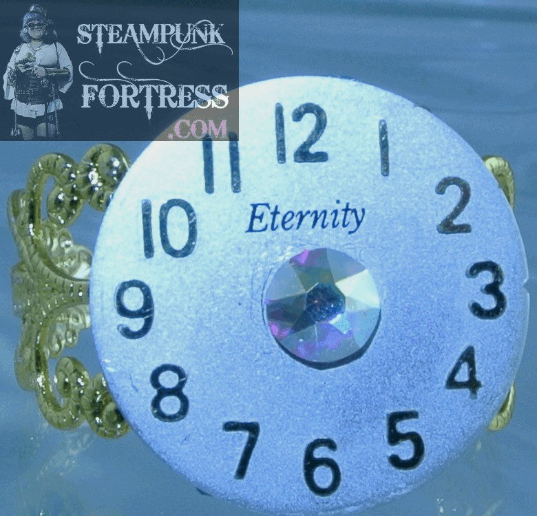 GOLD ETERNITY SILVER DIAL WATCH CLOCK AUTHENTIC GENUINE DIAL FACE AURORA BOREALIS AB SWAROVSKI CRYSTAL FILIGREE ADJUSTABLE RING STARR WILDE STEAMPUNK FORTRESS