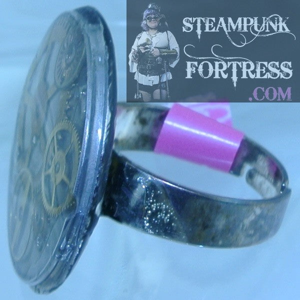 SILVER 1" GOLD GEARS ROUND AUTHENTIC GENUINE WATCH CLOCK ADJUSTABLE RING STARR WILDE STEAMPUNK FORTRESS