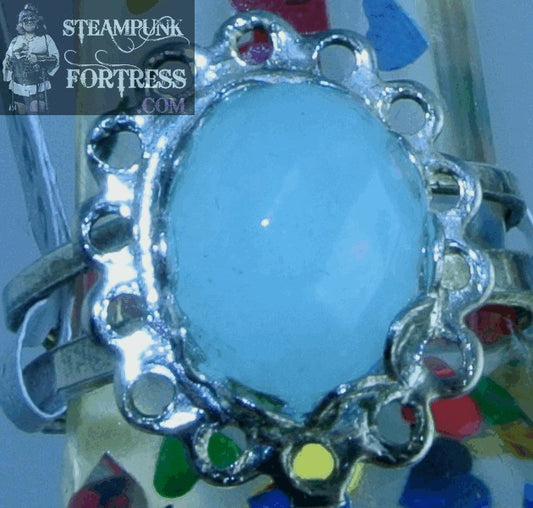 SILVER AQUAMARINE GEMSTONES STONE FACETED 8MM X 10MM LACE EDGE ADJUSTABLE RING STARR WILDE STEAMPUNK FORTRESS