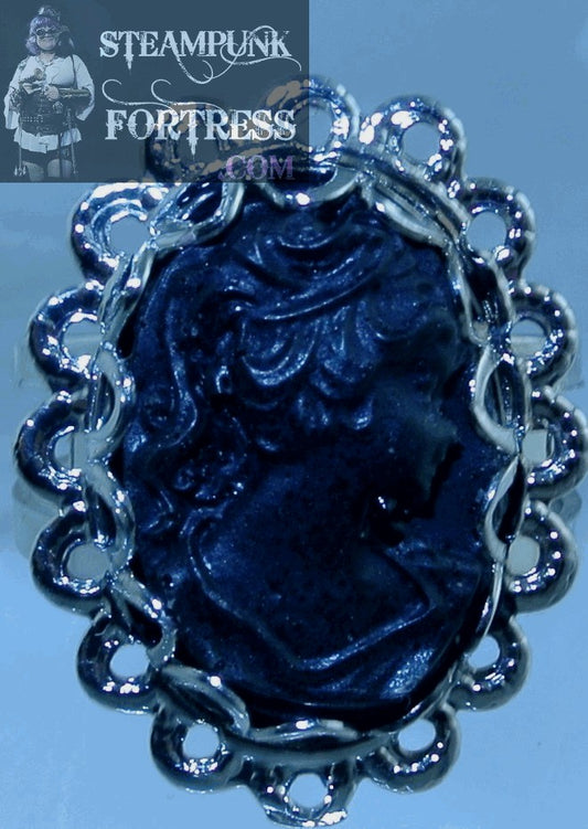 SILVER BLACK VICTORIAN LADY CAMEO LACE EDGE ADJUSTABLE RING STARR WILDE STEAMPUNK FORTRESS