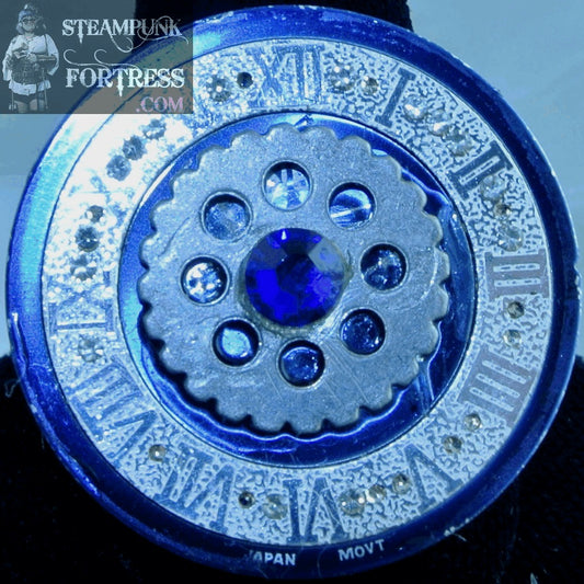 SILVER FACE BLUE DIAL SWAROVSKI CRYSTAL SILVER GEAR RING AUTHENTIC GENUINE WATCH CLOCK SIZE 9 STARR WILDE STEAMPUNK FORTRESS
