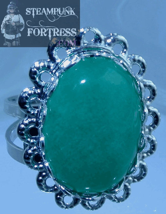 SILVER CHRYSOPRASE GREEN GEMSTONE STONES 13MM X 18MM LACE EDGE ADJUSTABLE RING STARR WILDE STEAMPUNK FORTRESS