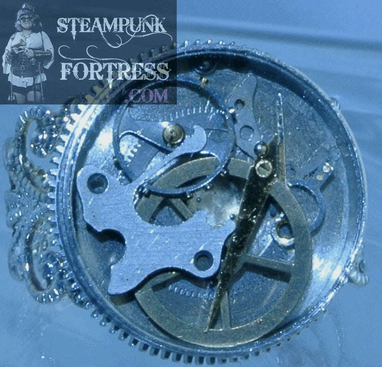 SILVER .75" GOLD GEARS HAND FILIGREE AUTHENTIC GENUINE WATCH CLOCK CASE ADJUSTABLE RING STARR WILDE STEAMPUNK FORTRESS