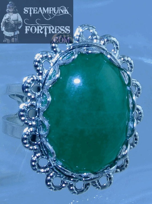 SILVER JADE GEMSTONE STONES #1 LACE EDGE ADJUSTABLE RING STARR WILDE STEAMPUNK FORTRESS