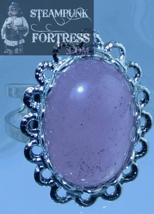 SILVER JADE GEMSTONE PINK #7 LACE EDGE ADJUSTABLE RING STONES STARR WILDE STEAMPUNK FORTRESS