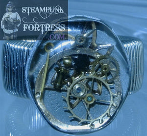 SILVER SPRING OCTOGON GOLD GEARS HANDS AUTHENTIC GENUINE WATCH CLOCK CASE STRETCH RING STARR WILDE STEAMPUNK FORTRESS