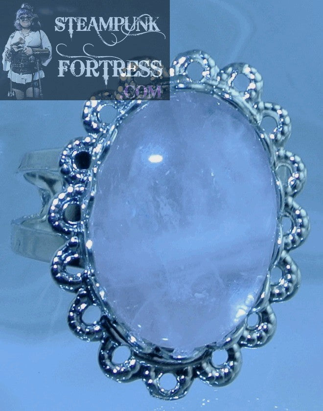 SILVER QUARTZ ROSE GEMSTONE #1 LACE EDGE ADJUSTABLE RING STONES STARR WILDE STEAMPUNK FORTRESS