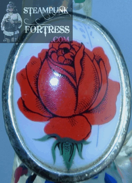 SILVER ROSE RED ON WHITE PORCELAIN 20MM X 25MM  ADJUSTABLE RING STARR WILDE STEAMPUNK FORTRESS